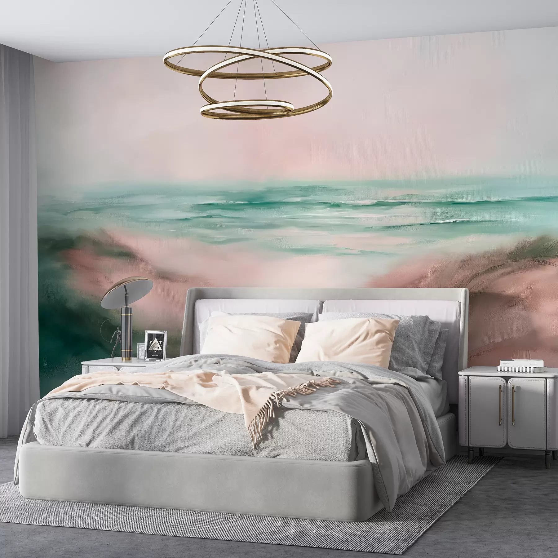 Fototapete Abstrakte Landschaft in Pastellfarben, Strand, Meer, Aquamarin und Rosa, Pinselstriche w08141v2