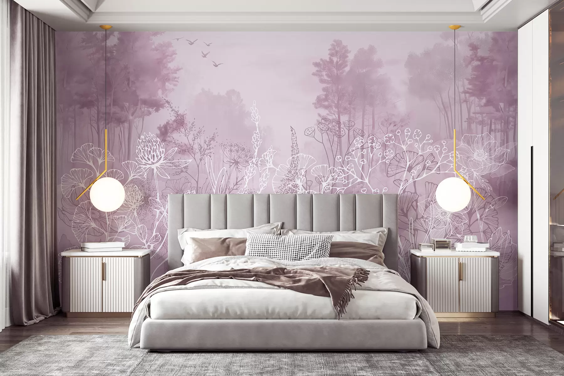 Fototapete Strichzeichnung Blumen, Waldlandschaft, Natur, Realismus, rosa Farbpalette w08144v3
