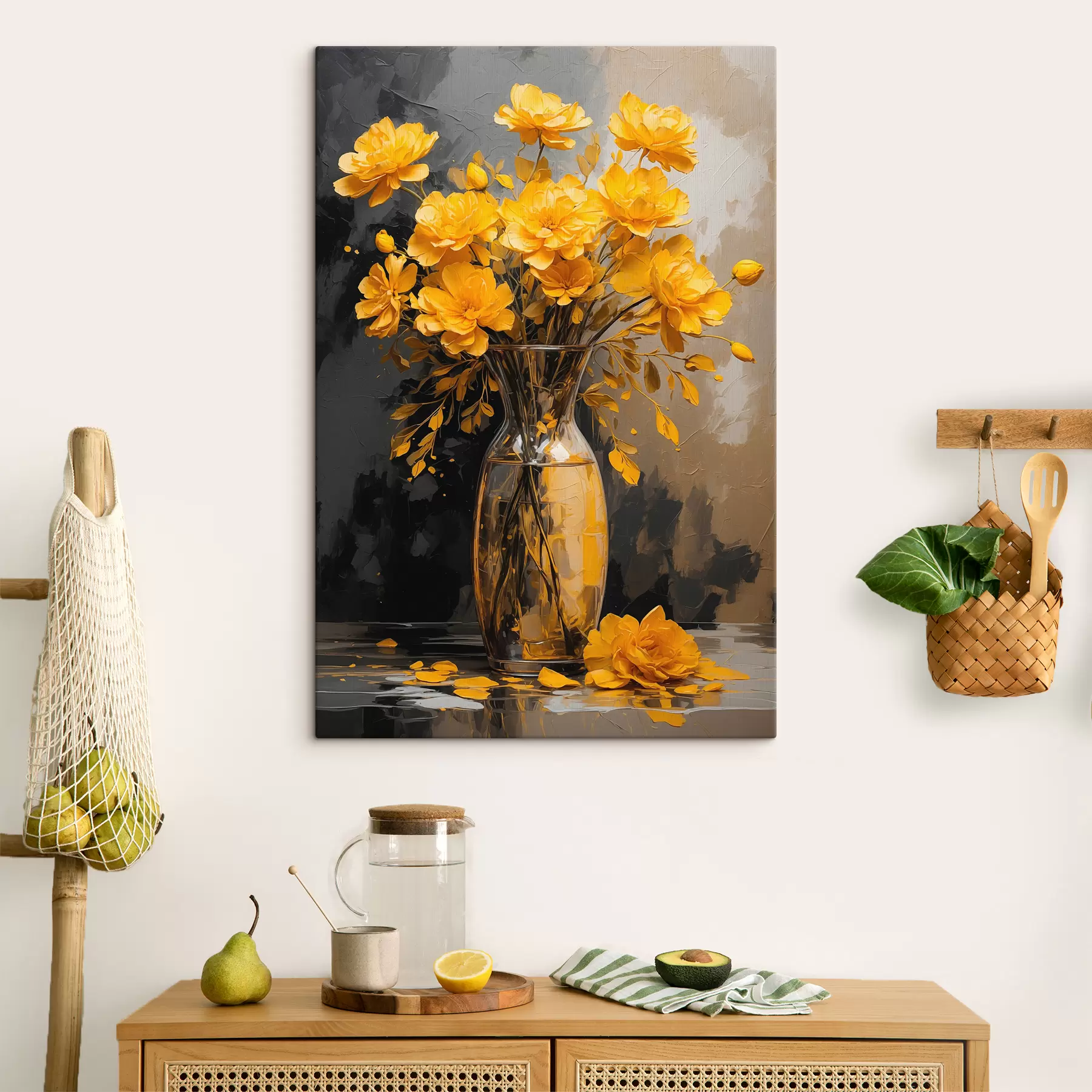 Fototapete Gelbe Blumen in transparenter Vase auf Acryl-Hintergrund s39853