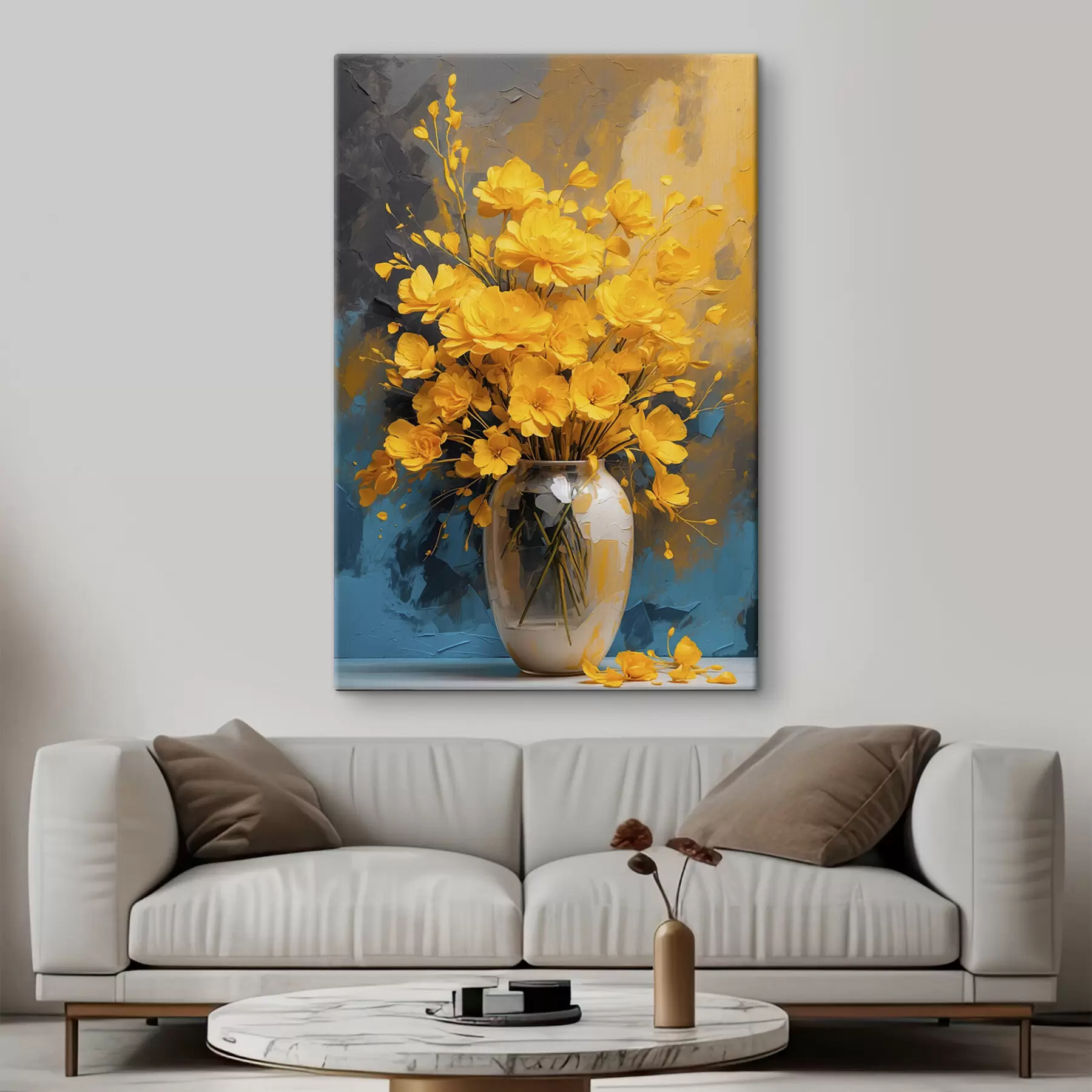 Fototapete Gelbe Blumen in der Vase auf buntem Acryl-Hintergrund s39854