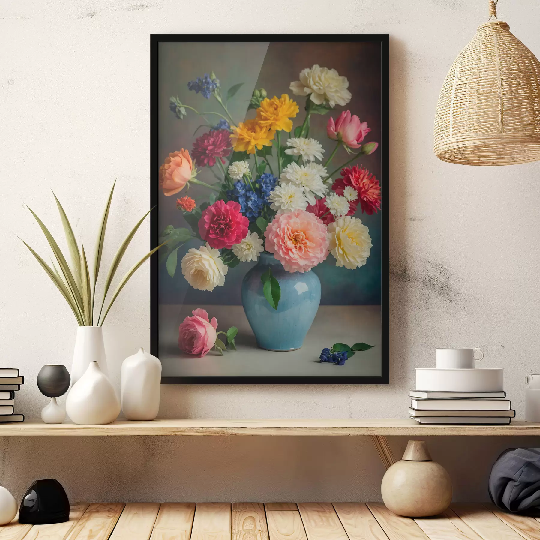 Fototapete Blumen in einer blauen Vase vor dunkelblauer Wand f39860