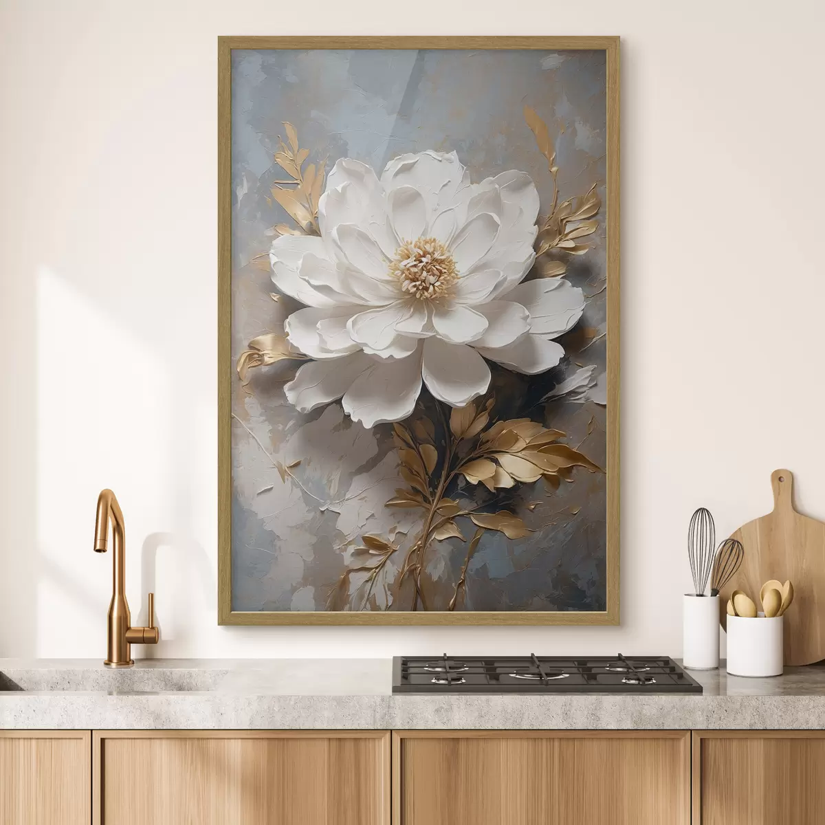 Poster Weiße Blume mit  Stielen auf abstraktem Hintergrund f39865