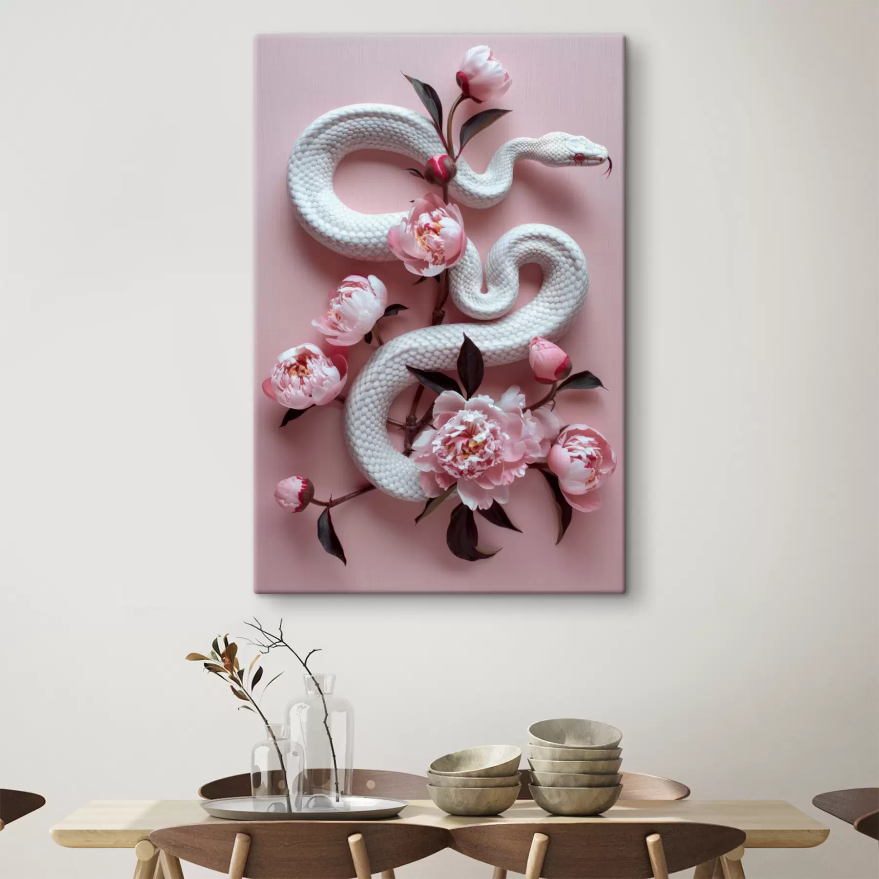 Fototapete Pfingstrosen und weiße Schlange s39942