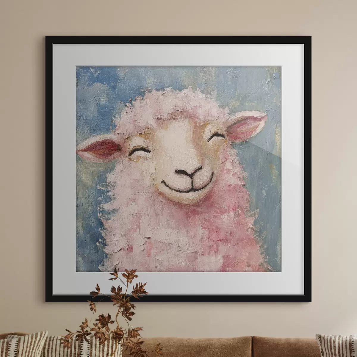 Poster Fröhlicher Widder mit rosa Wolle f39911