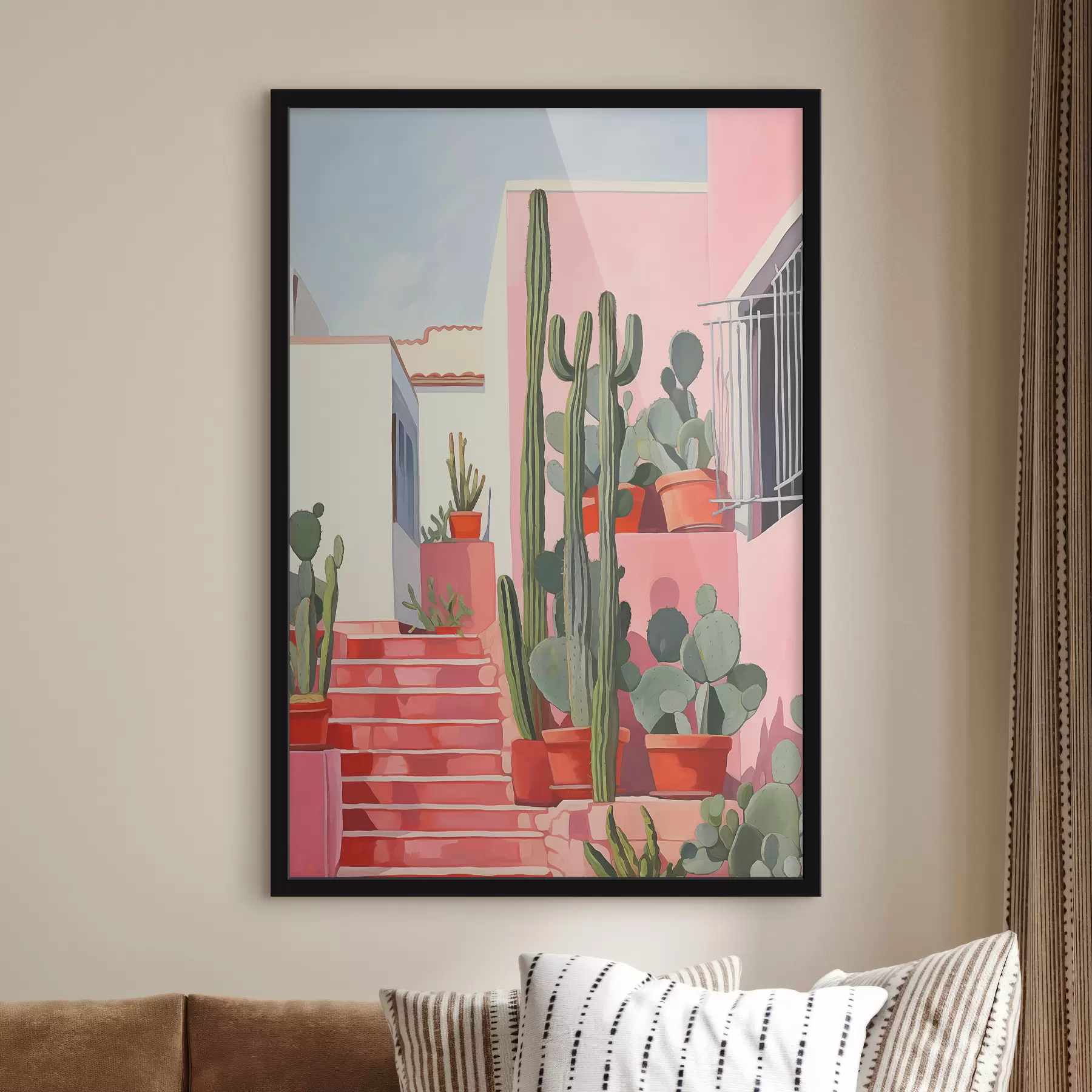 Fototapete Lange Kakteen vor dem Hintergrund eines rosa Hauses und Stufen Ölgemälde f39926