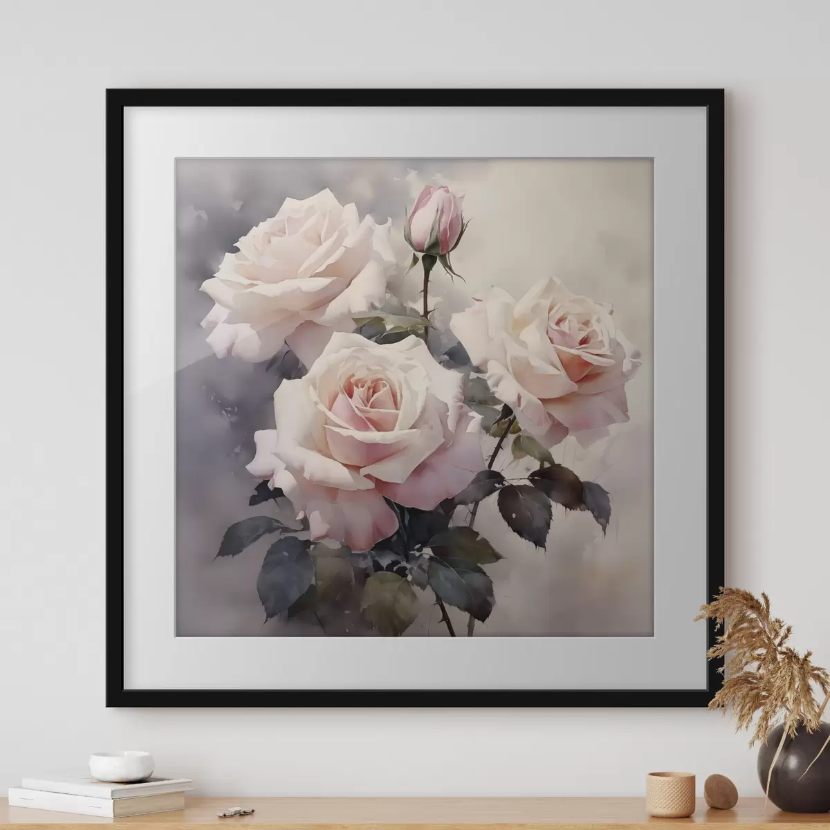 Poster Weiße rosa Rosen auf einem dunklen Aquarell Hintergrund f39927
