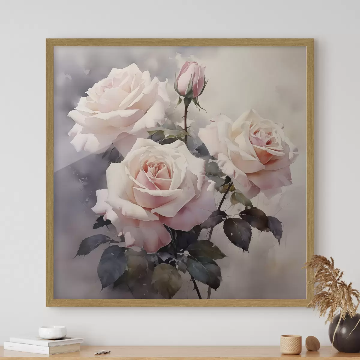 Poster Weiße rosa Rosen auf einem dunklen Aquarell Hintergrund f39927