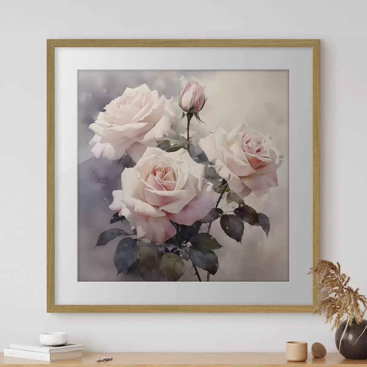 Poster Weiße rosa Rosen auf einem dunklen Aquarell Hintergrund f39927