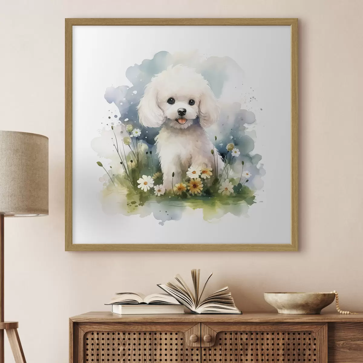 Poster Kleiner weißer Pudel sitzt in einem Aquarell mit Blumen f39928