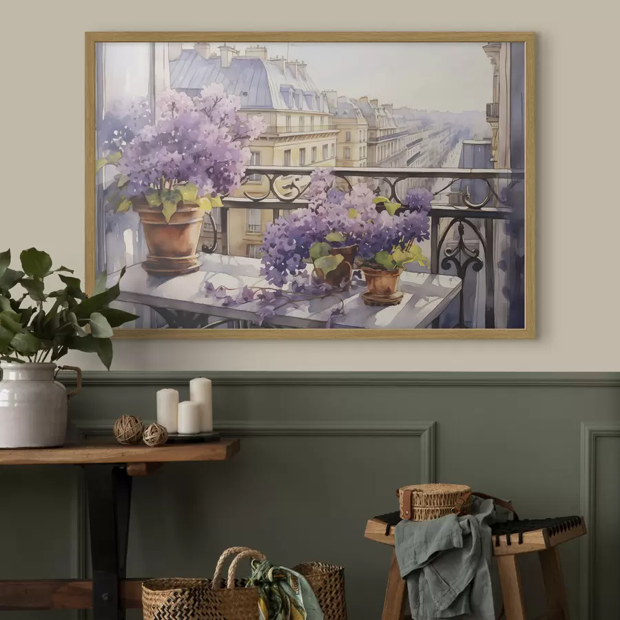 Fototapete Veilchen in einem Topf auf einem Balkon in Paris Aquarell f39931