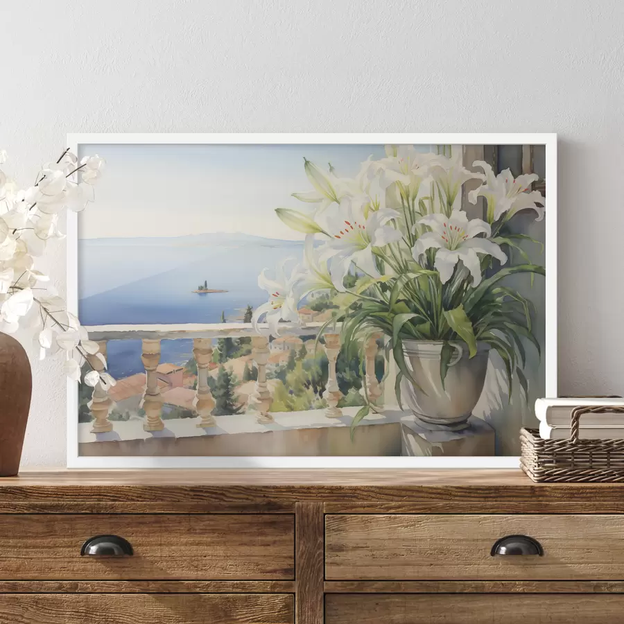 Fototapete Weiße Lilien in einem Topf auf einem Balkon vor dem Hintergrund der Bucht Aquarell f39932