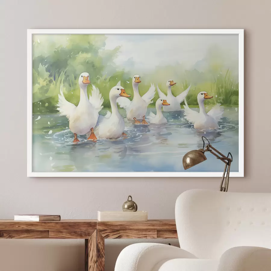 Fototapete Weiße Gänse baden in einem Teich Aquarellmalerei f39939