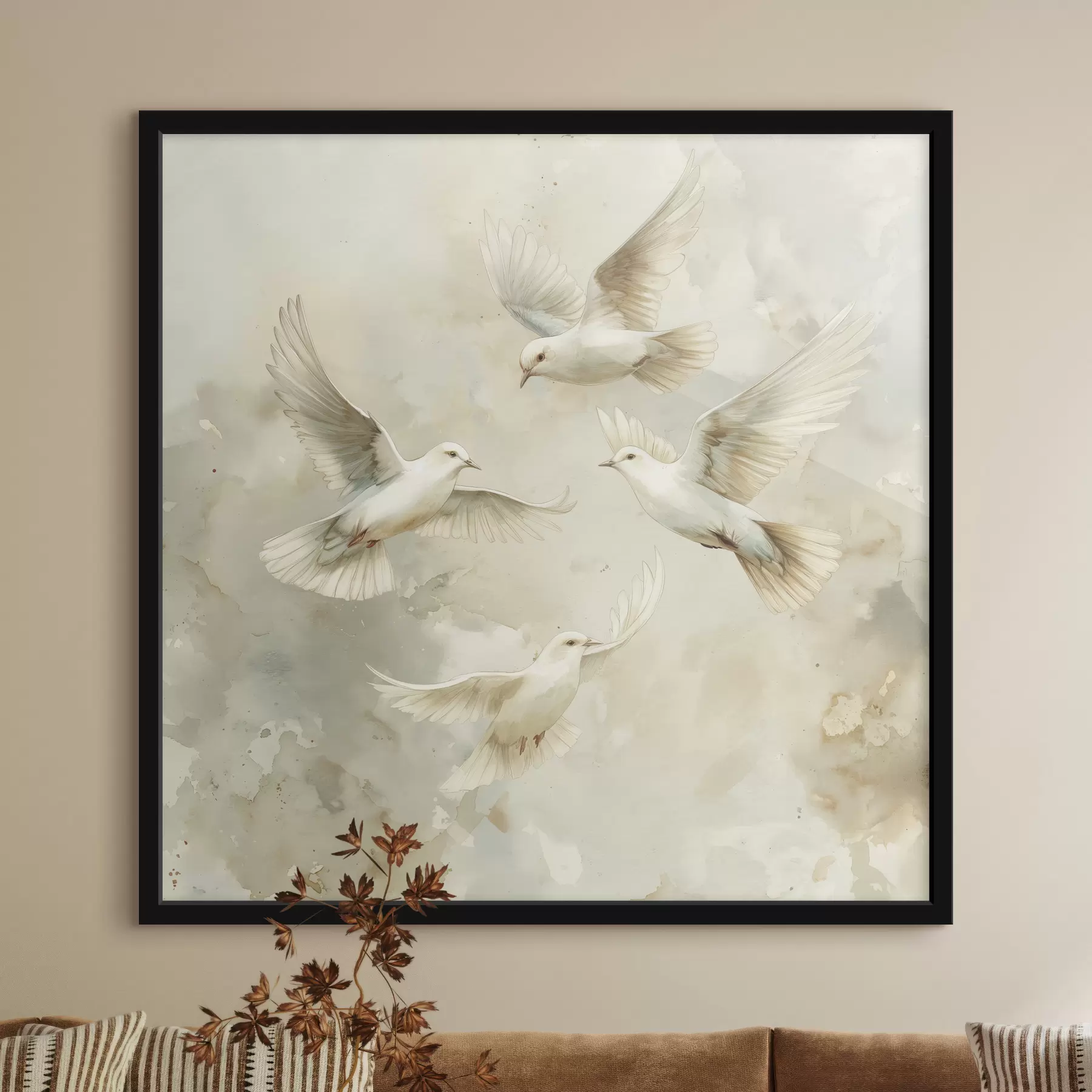Fototapete Aquarell fliegende Vögel, zarte beige und weiße Farben, Tauben f39976