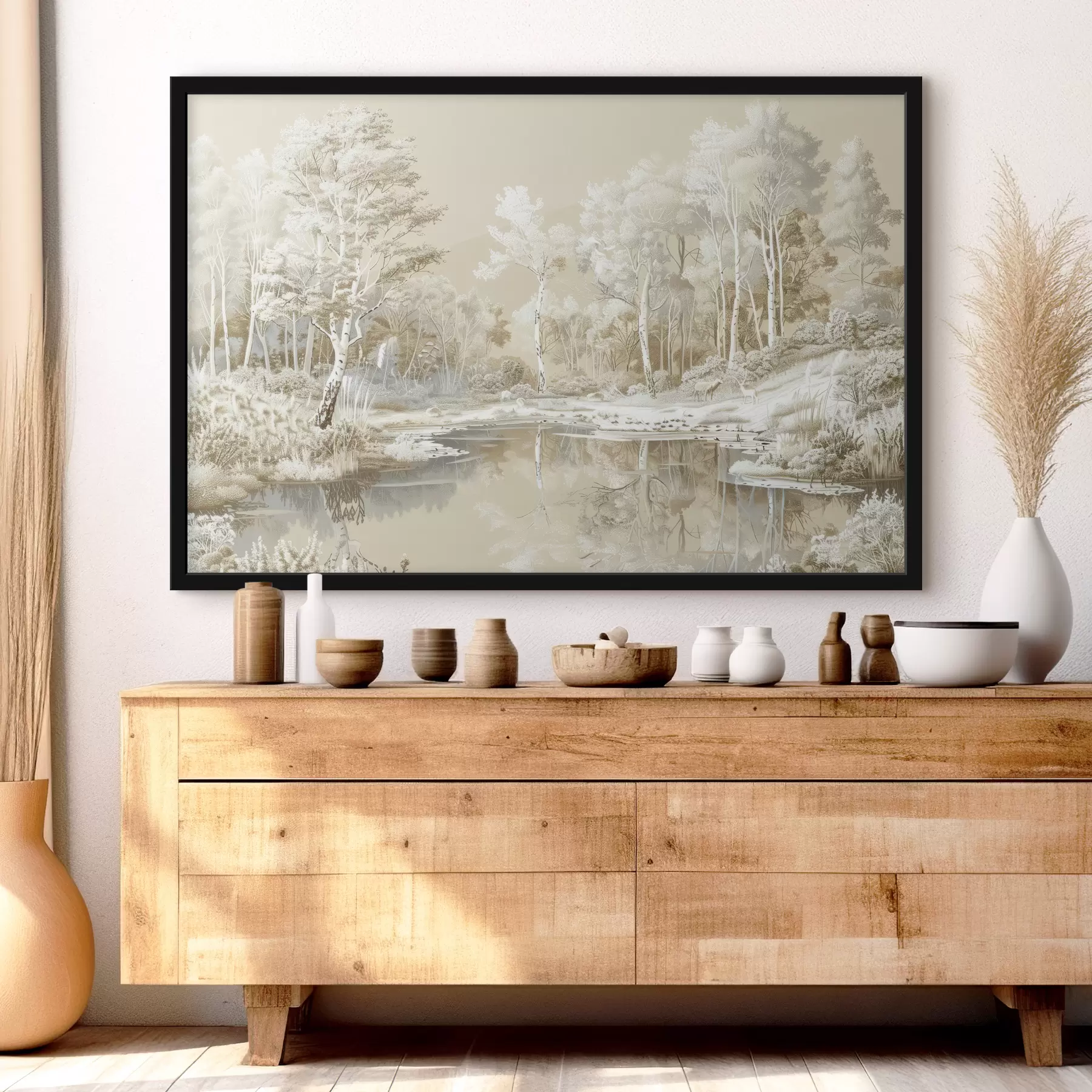 Fototapete Schöne Waldlandschaft, Teich und Bäume, Beige- und Weißtöne f39979