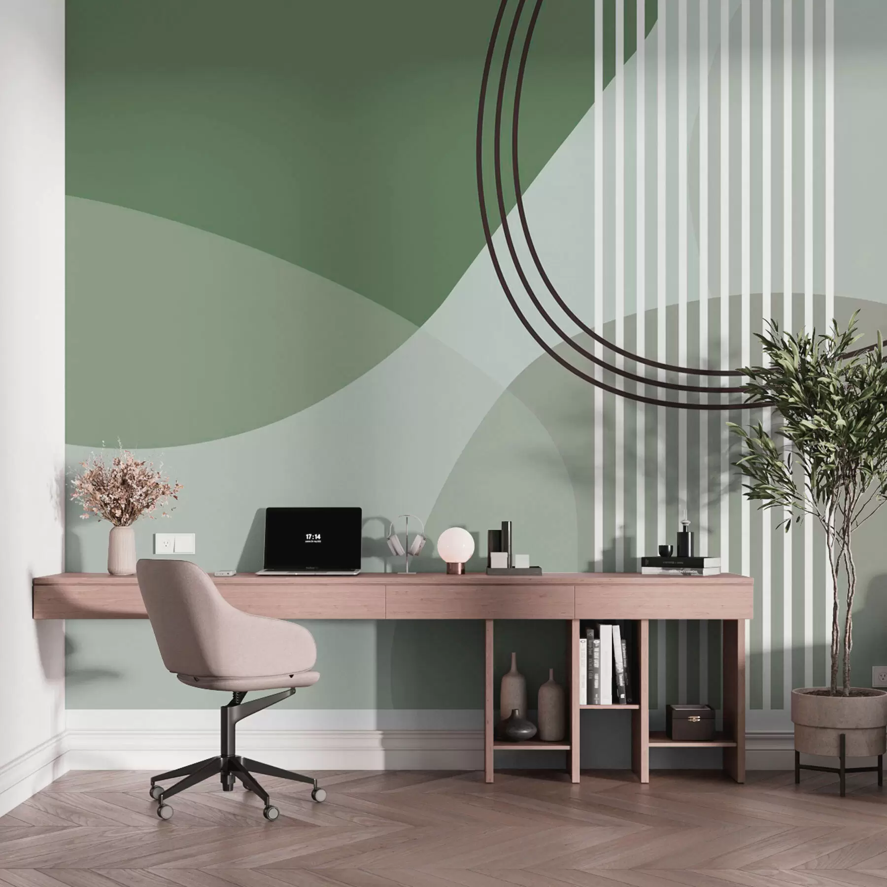 Fototapete Geometrische Abstraktion Linie und Kreis Minimalismus moderne grüne Farbe w08173v1