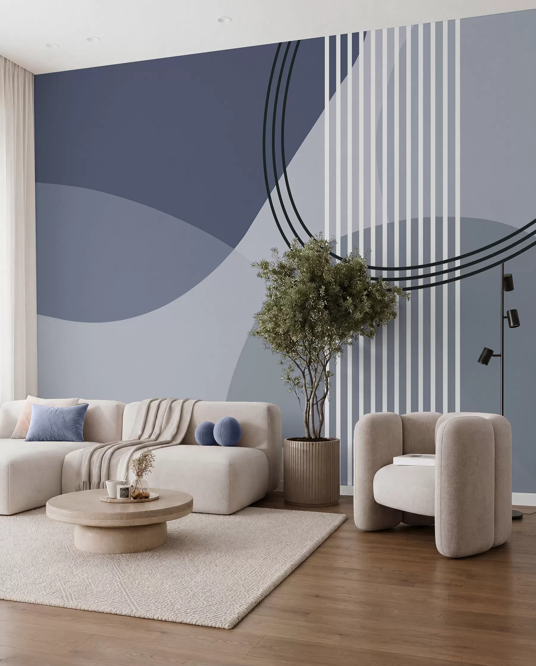 Fototapete Geometrische Abstraktion Linie und Kreis Minimalismus moderne blaue Farbe w08173v2