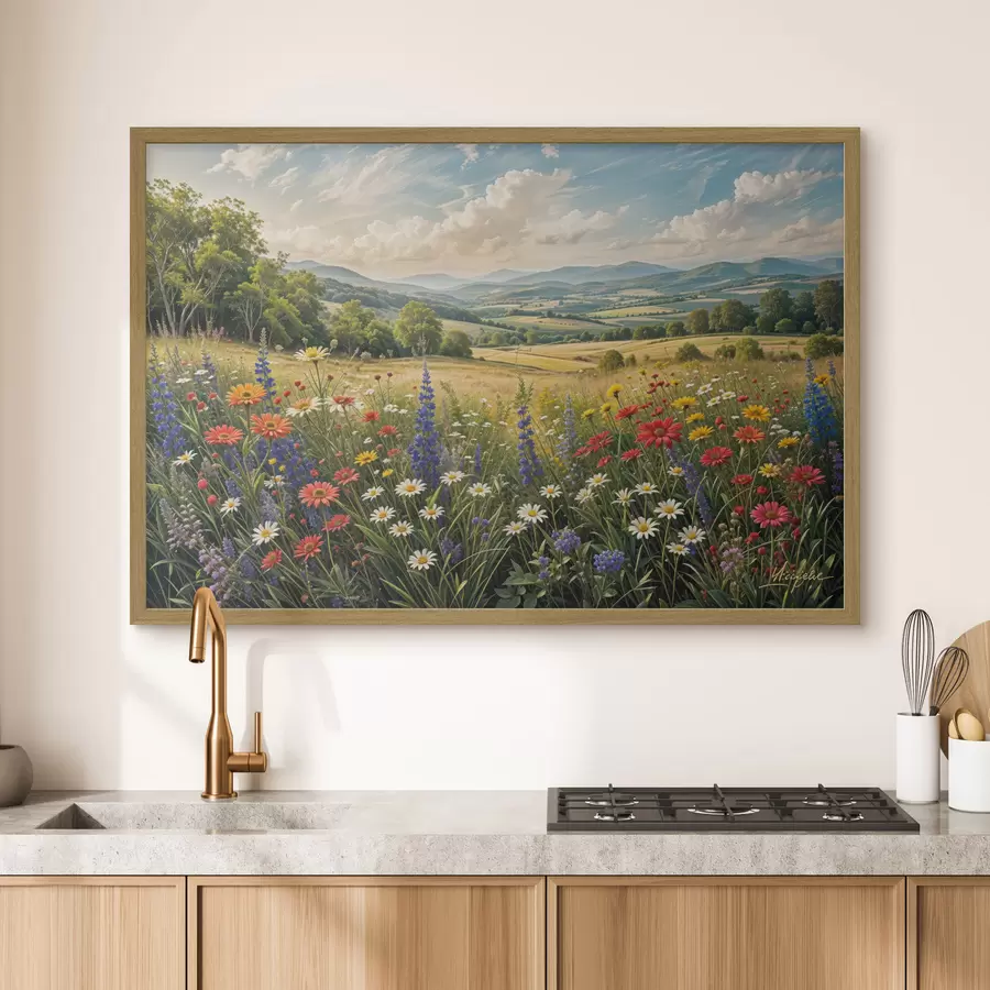 Fototapete Eine üppige Landschaft mit einer lebendigen Wildblumenwiese voller bunter Blumen unter einem bewölkten Himmel f40018