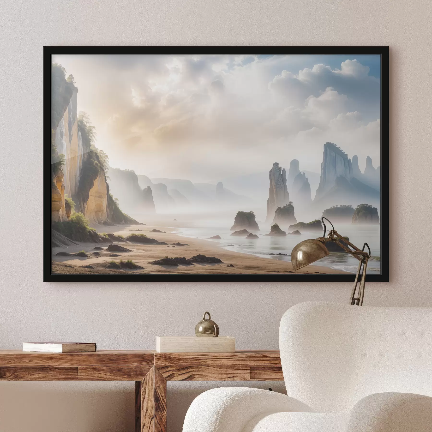 Fototapete Landschaft mit hoch aufragenden Felsklippen, eingehüllt in Nebel gegen ein Sonnenlicht, das durchbricht f40019