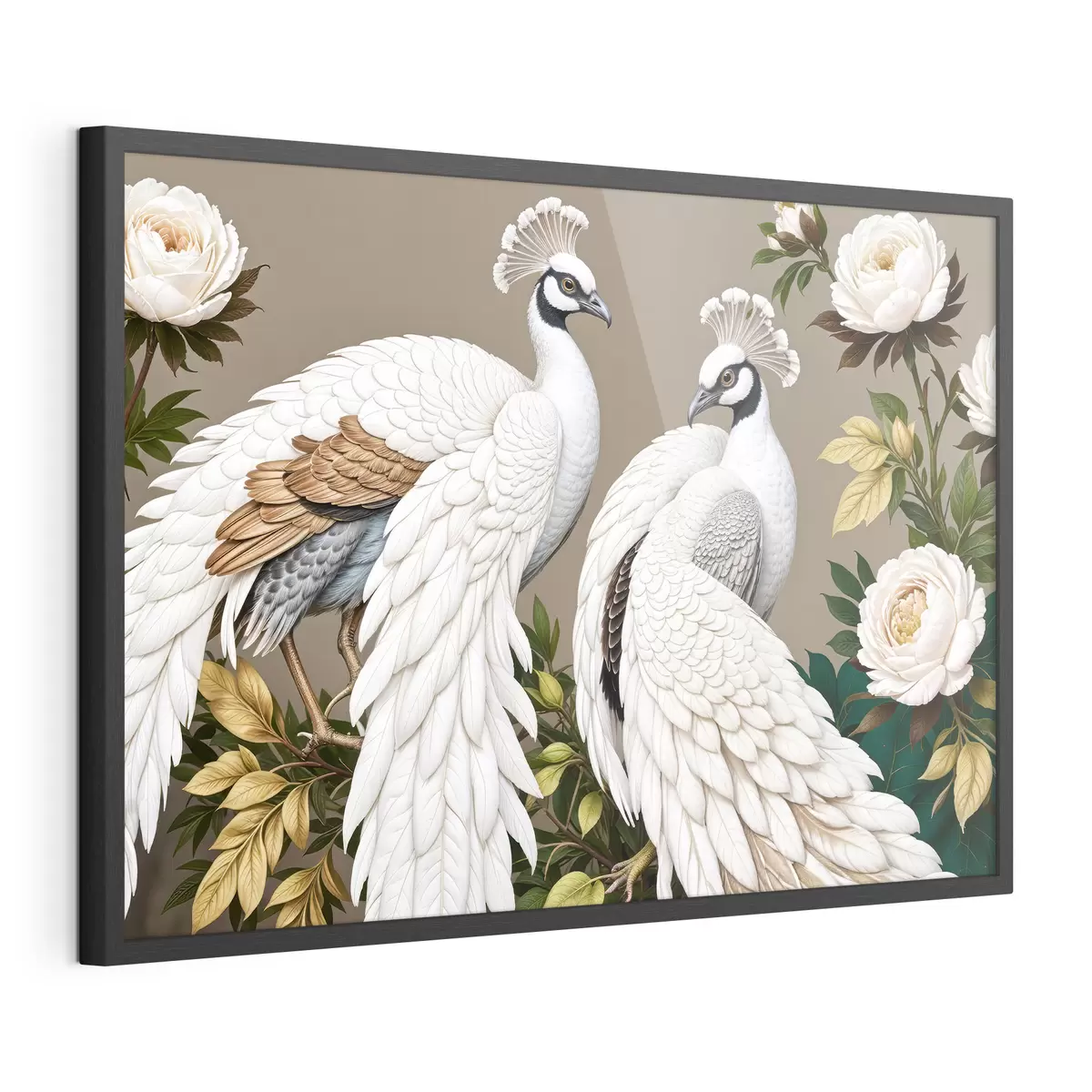 Poster Zwei weiße Pfauen mit verzierten Federn sitzen auf einem Ast mit Blumen f40022