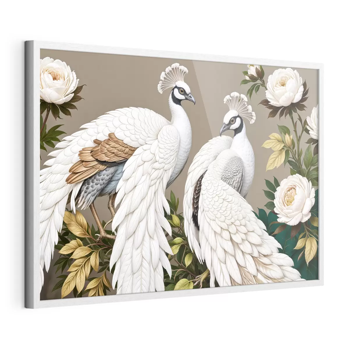 Poster Zwei weiße Pfauen mit verzierten Federn sitzen auf einem Ast mit Blumen f40022