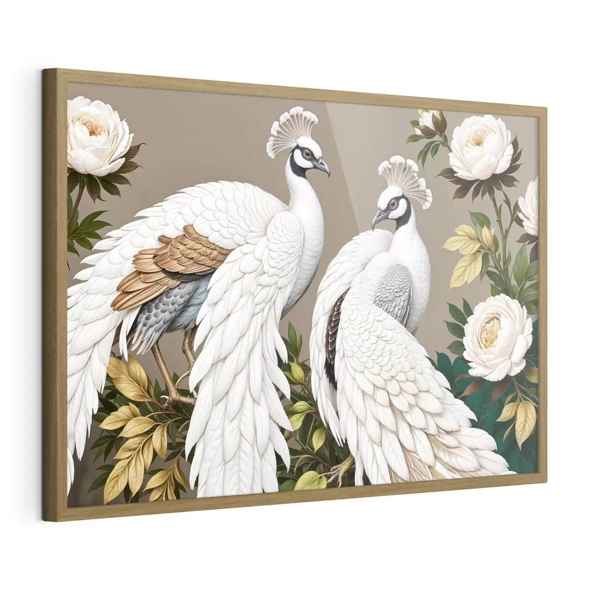 Poster Zwei weiße Pfauen mit verzierten Federn sitzen auf einem Ast mit Blumen f40022