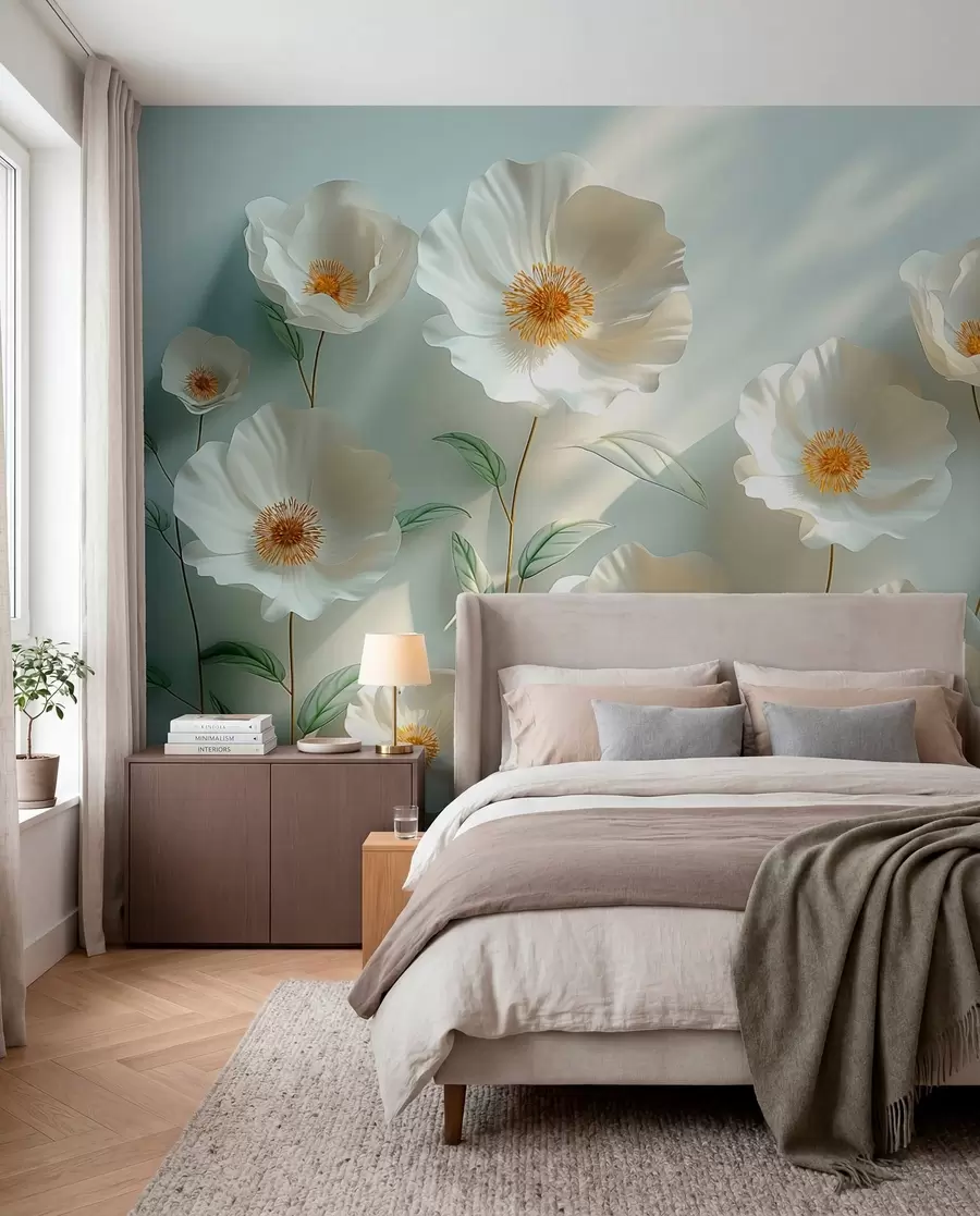 Fototapete Weiße Mohnblumen vor einer Wand mit Sonnenlicht und 3D-Effekt w01339