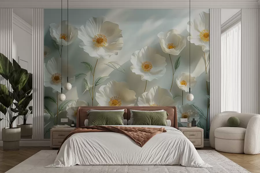 Fototapete Weiße Mohnblumen vor einer Wand mit Sonnenlicht und 3D-Effekt w01339