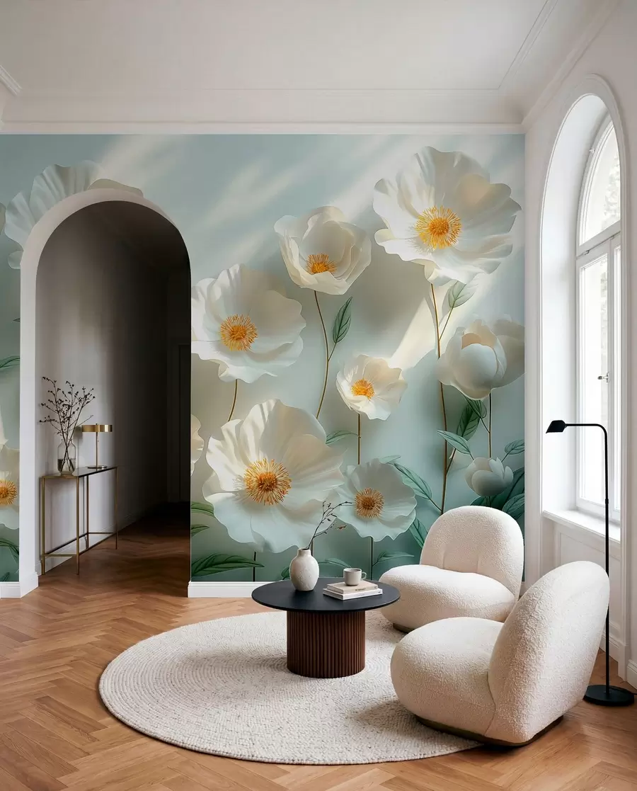 Fototapete Weiße Mohnblumen vor einer Wand mit Sonnenlicht und 3D-Effekt w01339