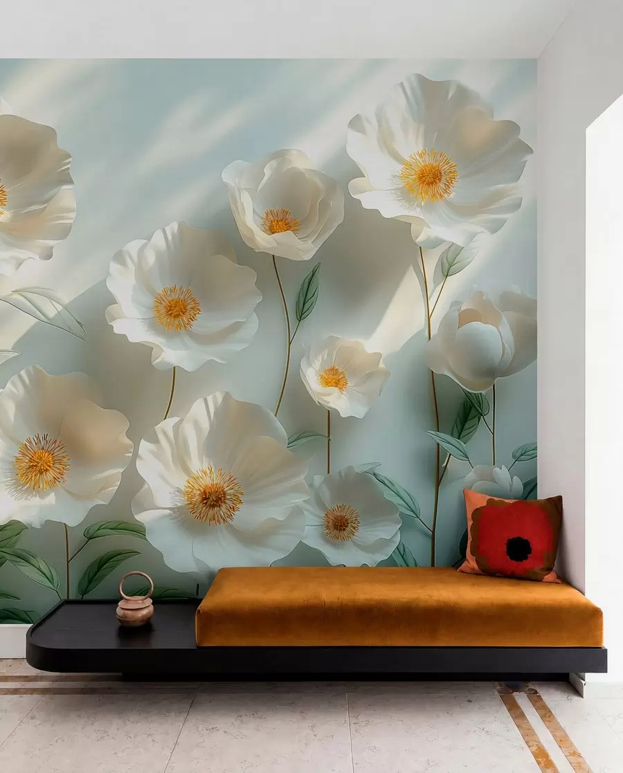 Fototapete Weiße Mohnblumen vor einer Wand mit Sonnenlicht und 3D-Effekt w01339