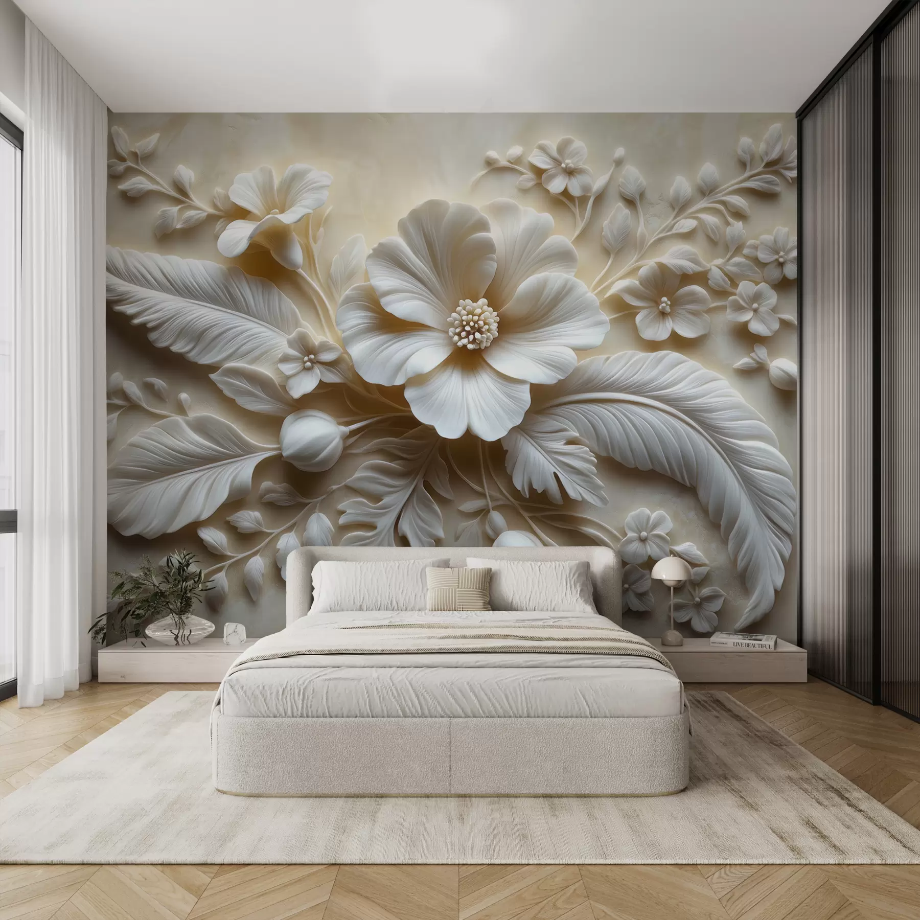 Fototapete 3D Relief-Wandbild mit Federn und Blumen, mit einer großen Mohnblume in Beigetönen w01340