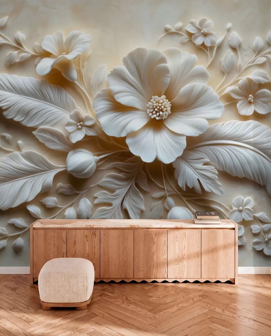 Fototapete 3D Relief-Wandbild mit Federn und Blumen, mit einer großen Mohnblume in Beigetönen w01340