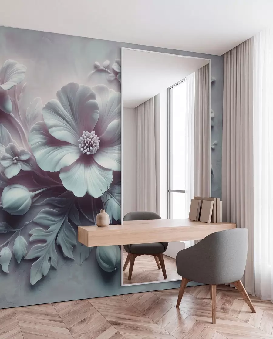 Fototapete 3D-Relief-Wandbild mit Federn und Blumen, mit einer großen Mohnblume in hellblauen Farben w01340v2