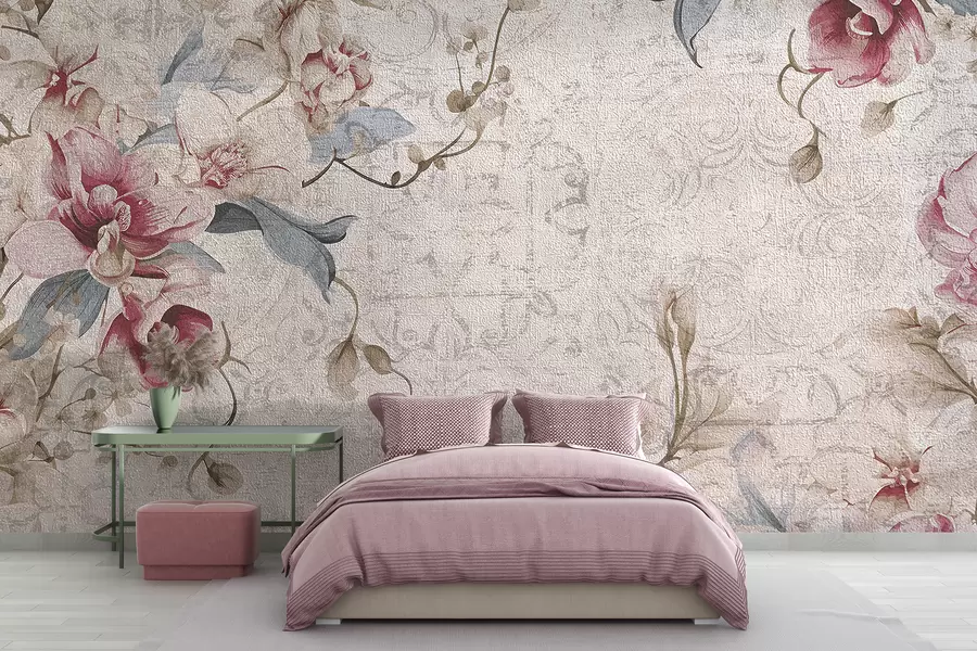 Fototapete Ein Vintage-Blumenmuster mit zarten rosa und weißen Blüten, Blättern auf hellbeigem Hintergrund w08149