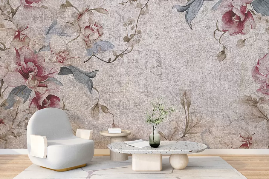Fototapete Ein Vintage-Blumenmuster mit zarten rosa und weißen Blüten, Blättern auf hellbeigem Hintergrund w08149