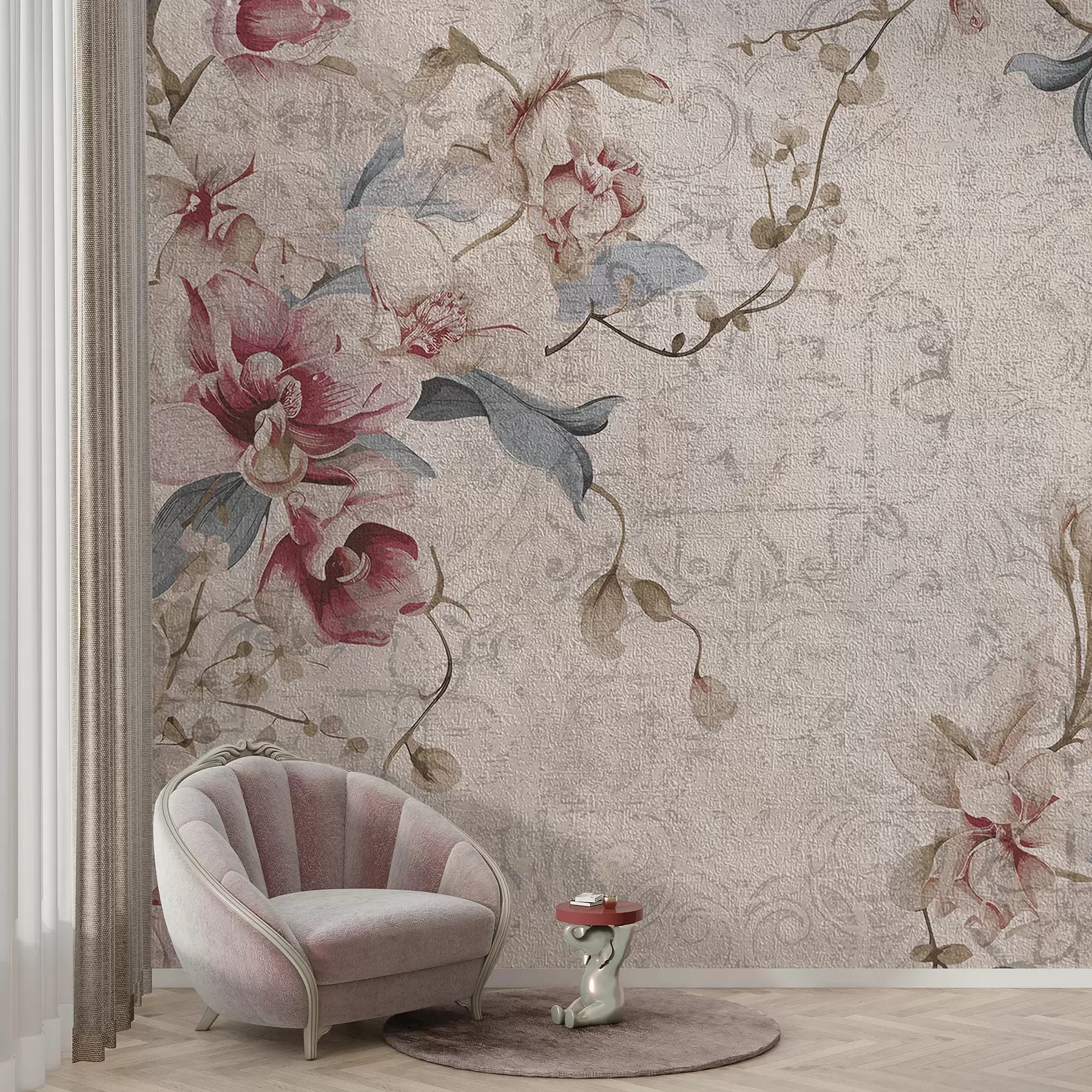 Fototapete Ein Vintage-Blumenmuster mit zarten rosa und weißen Blüten, Blättern auf hellbeigem Hintergrund w08149