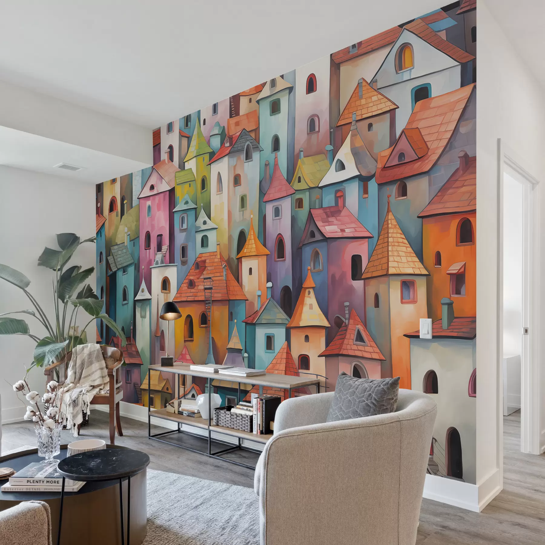 Fototapete Farbenfrohe, helle Häuser, Nachahmung von Gemälden mit Pinselstrichen w00946