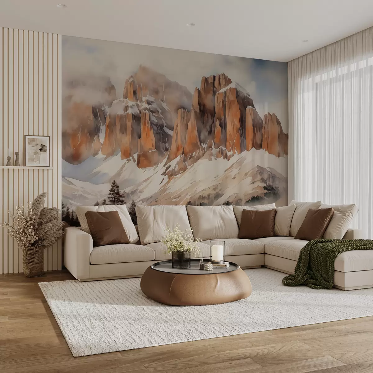 Fototapete Verschneites Tal am Fuße der Dolomiten Berg Aquarell w00945