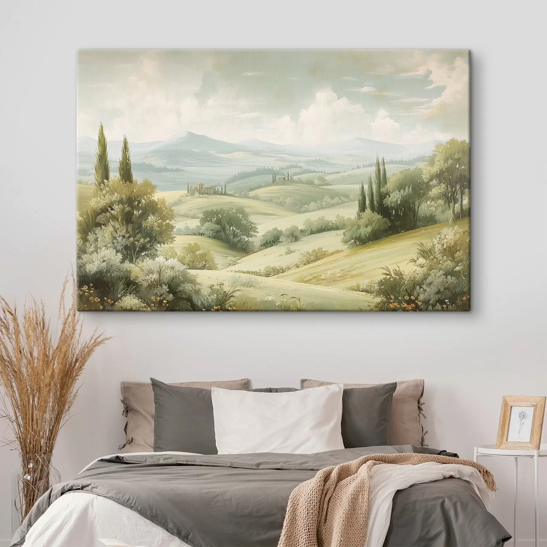 Fototapete Verträumte Landschaft, Vintage-Stil, Pastellfarben, Wiese, Bäume, alte Häuser s40083