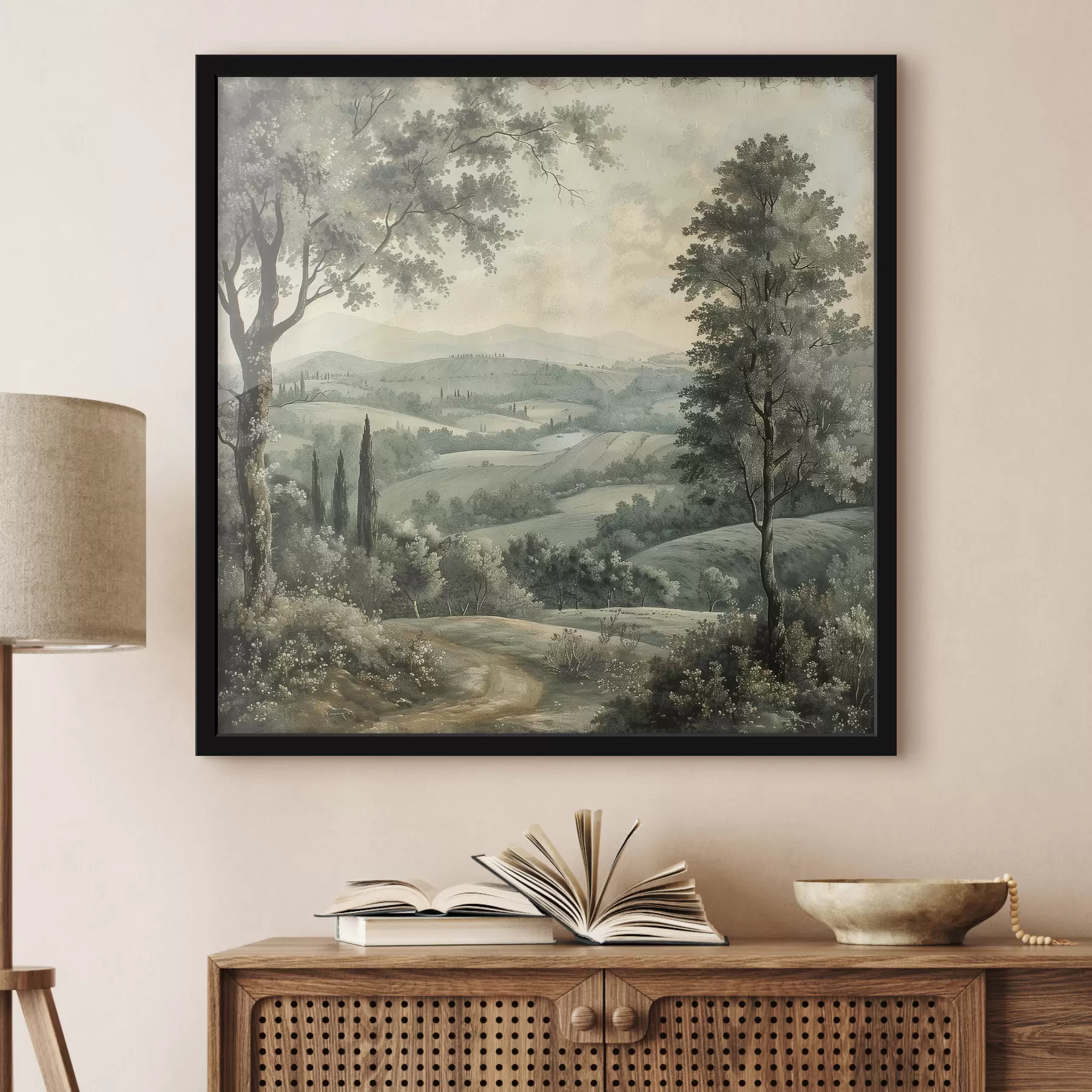 Fototapete Italienische Vintage-Landschaft, rustikaler Stil, Pastellfarben, Hügel mit Bäumen, Boho f40086