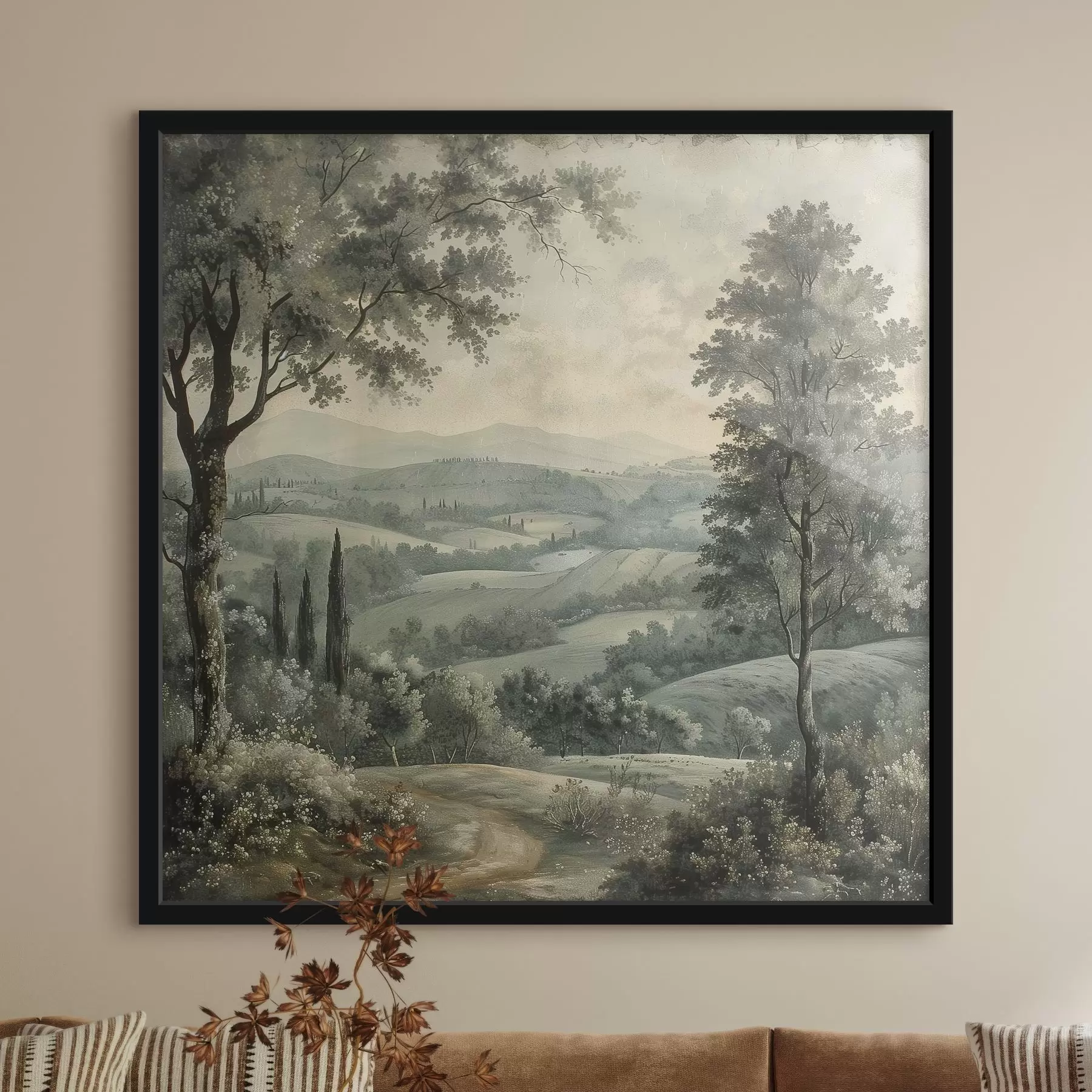 Fototapete Italienische Vintage-Landschaft, rustikaler Stil, Pastellfarben, Hügel mit Bäumen, Boho f40086