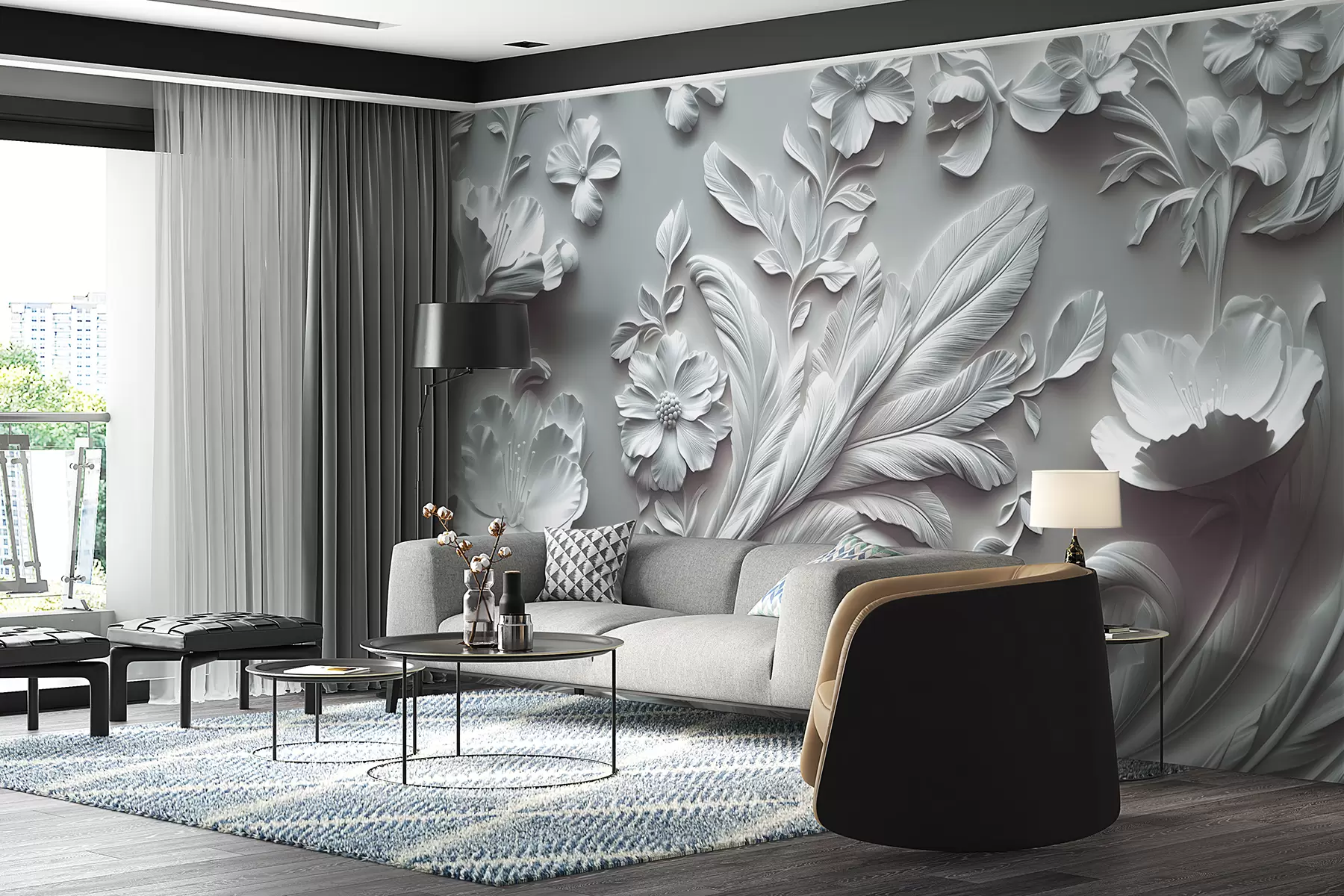 Fototapete Exquisite erhabene Blüten und Blätter in Grautönen w01356v2