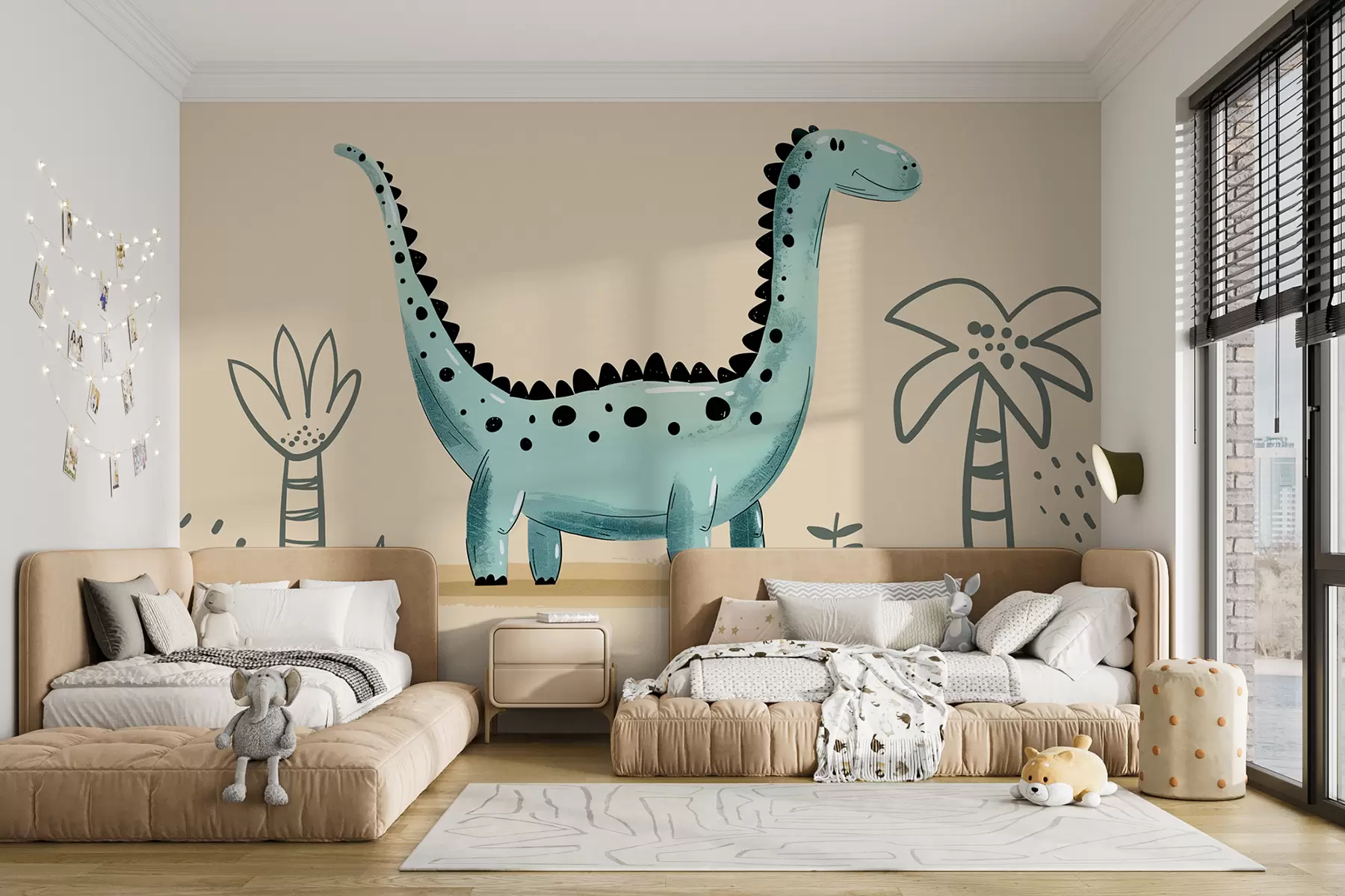 Fototapete Niedlicher Dinosaurier auf beigem Hintergrund mit Palmen w01357v1