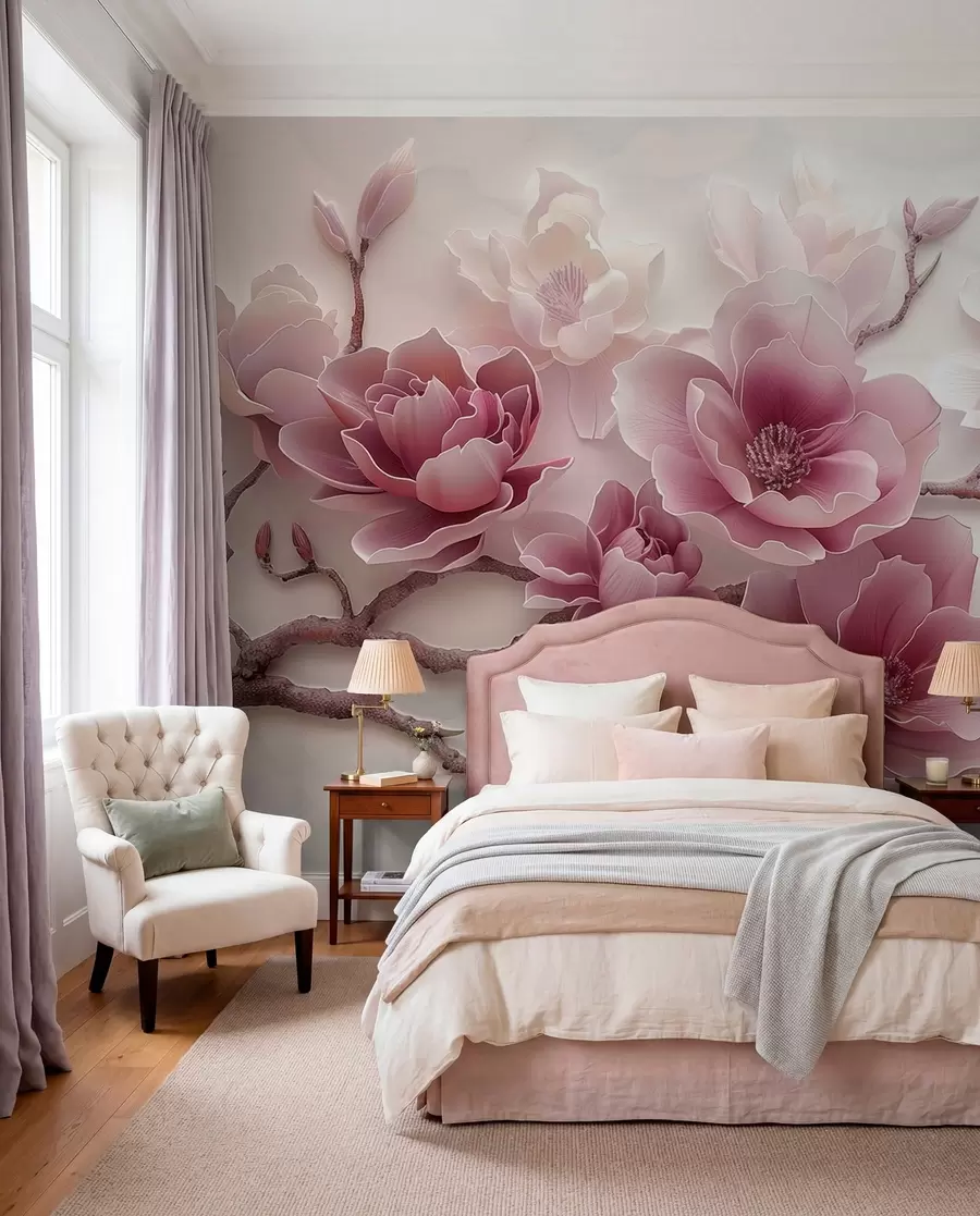 Fototapete Rosa geprägte Magnolienblüten auf einem anmutigen Zweig w01359v2