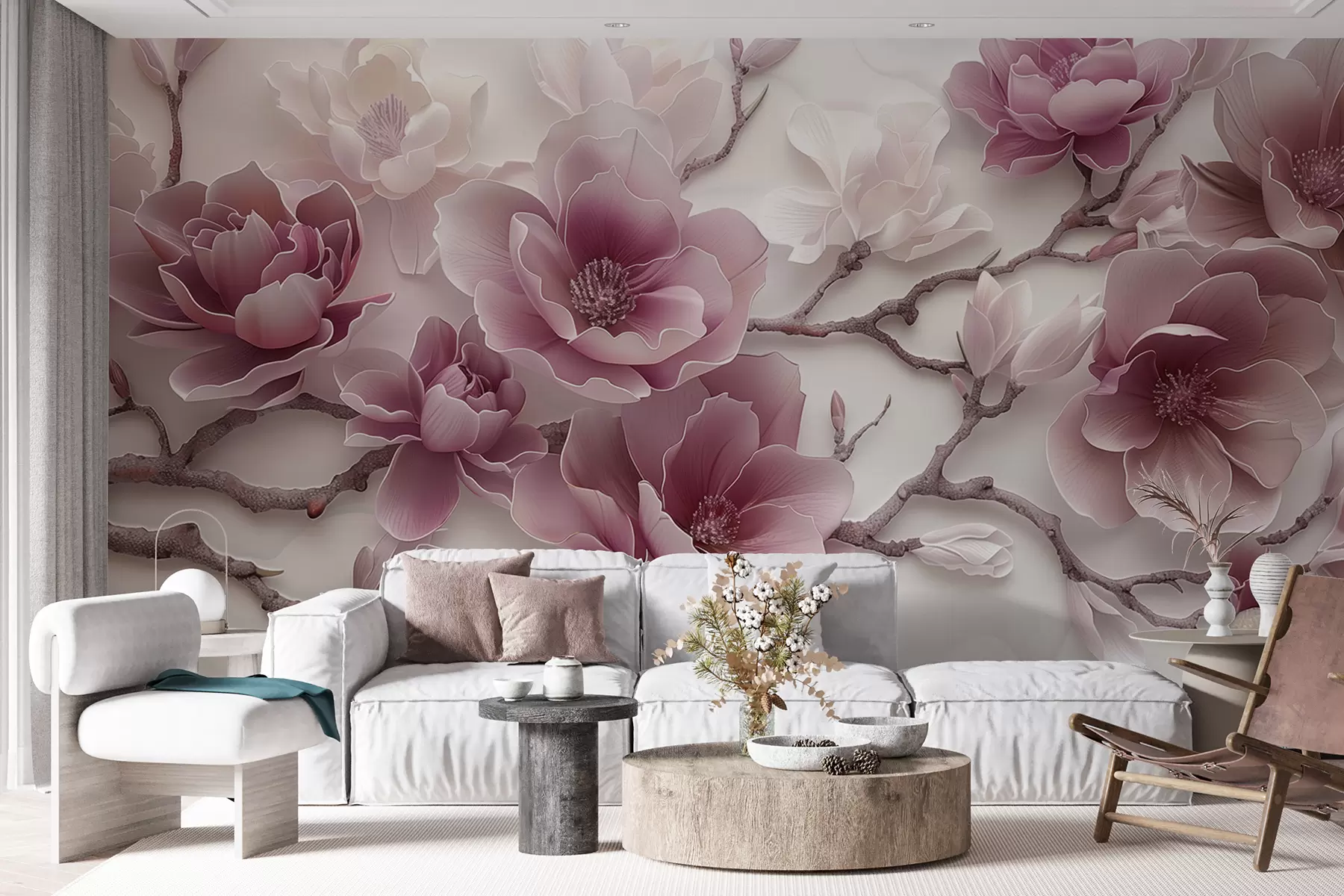 Fototapete Rosa geprägte Magnolienblüten auf einem anmutigen Zweig w01359v2