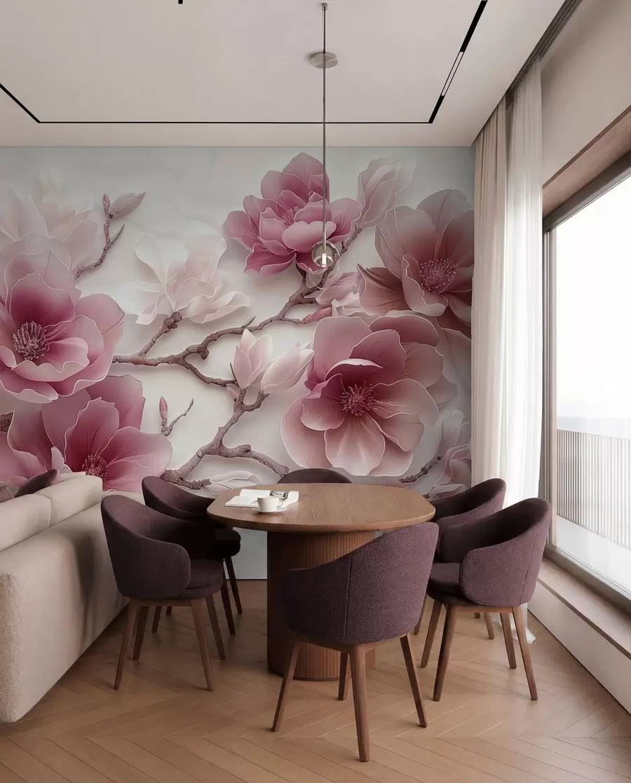Fototapete Rosa geprägte Magnolienblüten auf einem anmutigen Zweig w01359v2