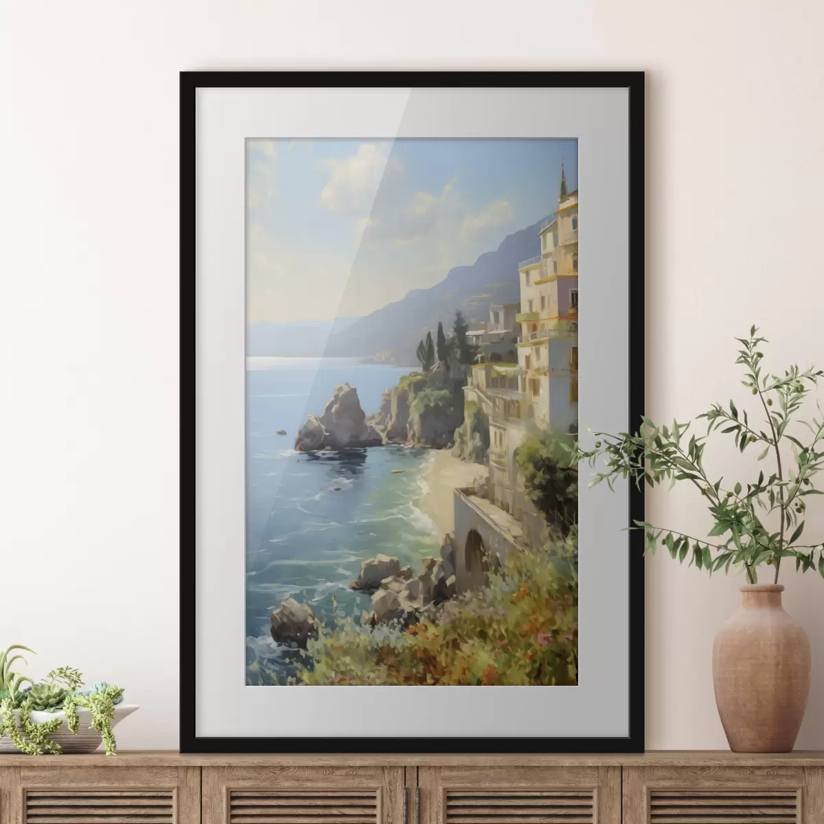 Poster Blick auf die Meeresbucht, die Berge in Italien vom Hotel aus, Nachahmung eines Ölgemäldes f40088