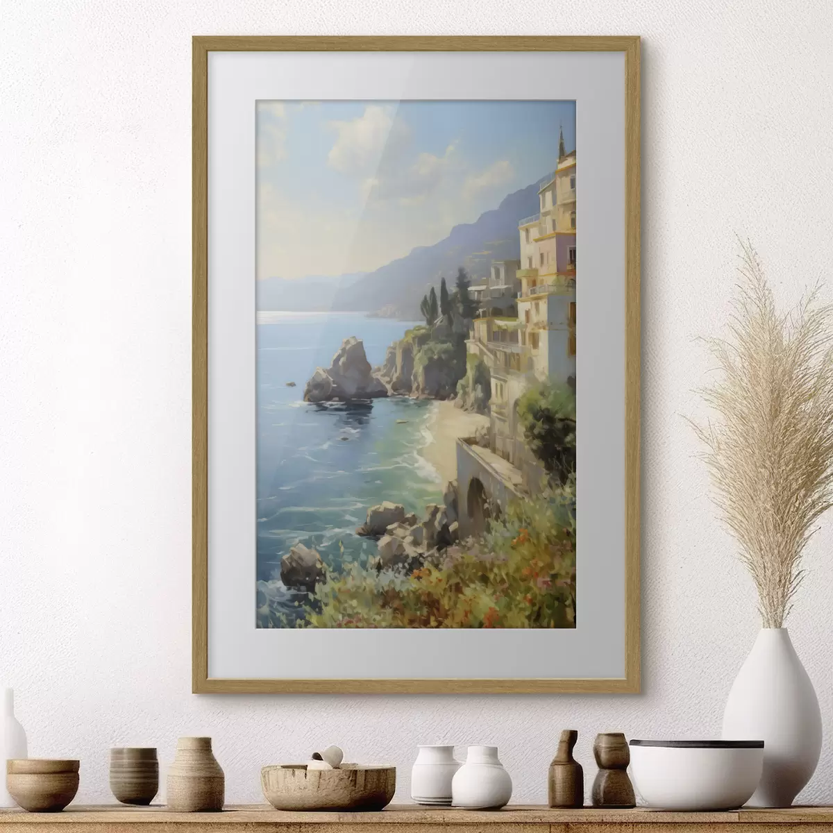 Poster Blick auf die Meeresbucht, die Berge in Italien vom Hotel aus, Nachahmung eines Ölgemäldes f40088