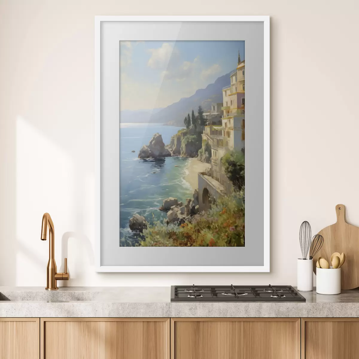 Poster Blick auf die Meeresbucht, die Berge in Italien vom Hotel aus, Nachahmung eines Ölgemäldes f40088
