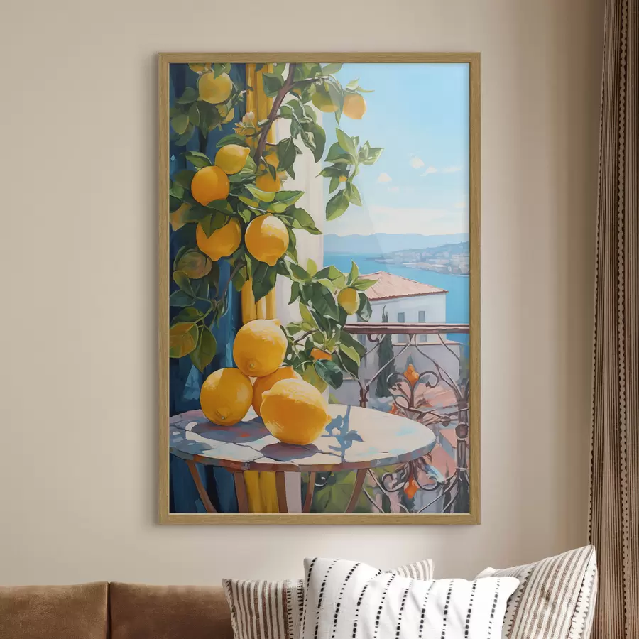 Fototapete Zitronen am Baum und Tisch auf dem Hotelbalkon mit Meerblick, Ölgemälde-Imitation f40091