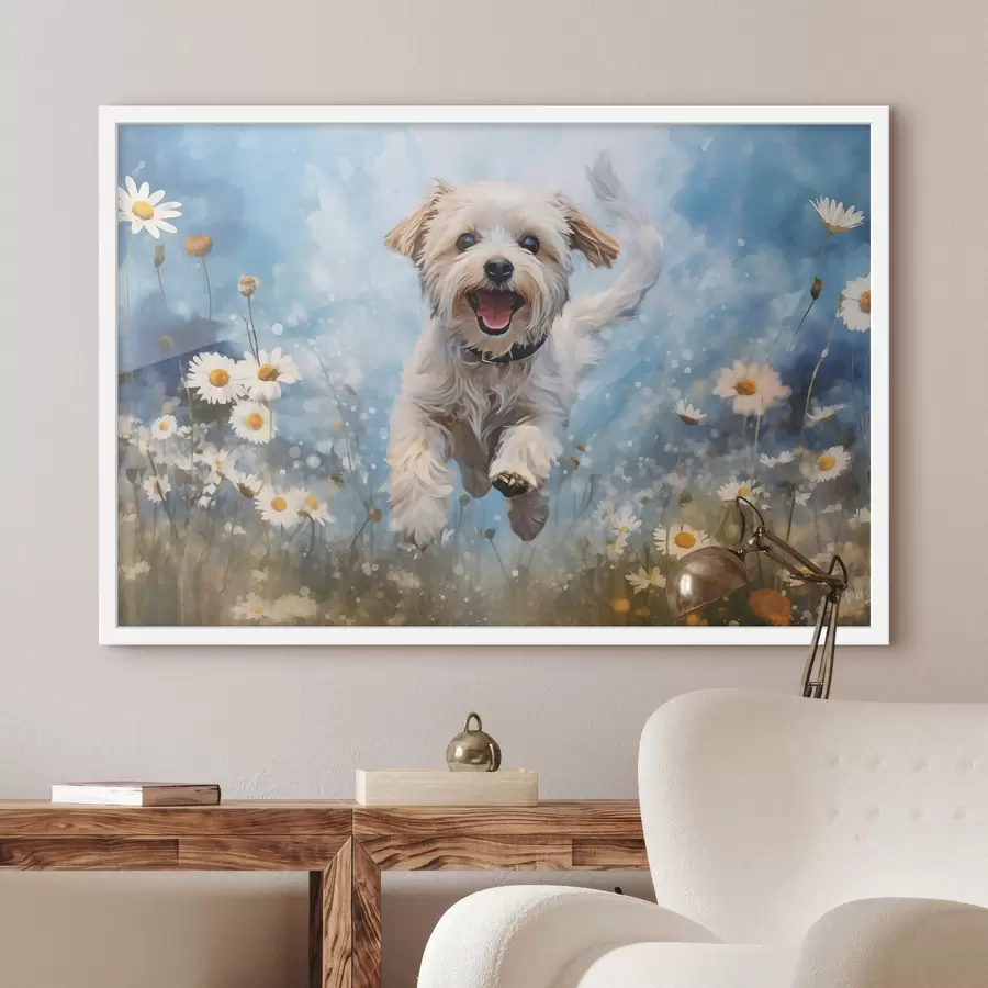 Fototapete Kleiner weißer Hund springt zwischen Gänseblümchen auf blauem Hintergrund Aquarell f40092